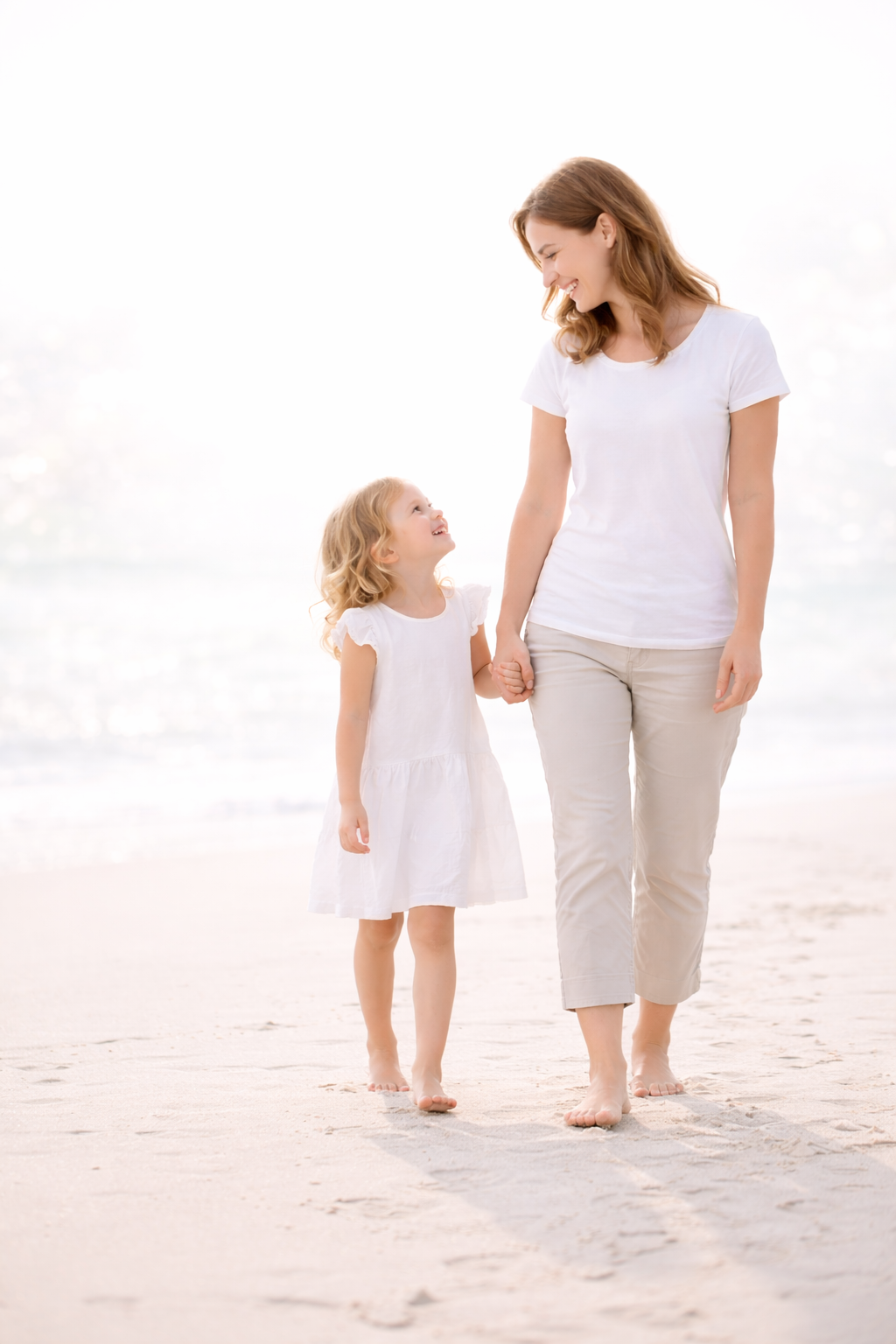 Uśmiechnięta mama i córka trzymające się za ręce podczas spaceru po plaży, jako symbol więzi między matką a dzieckiem, którą wzmacnia terapia i masaż Dotyk Motyla